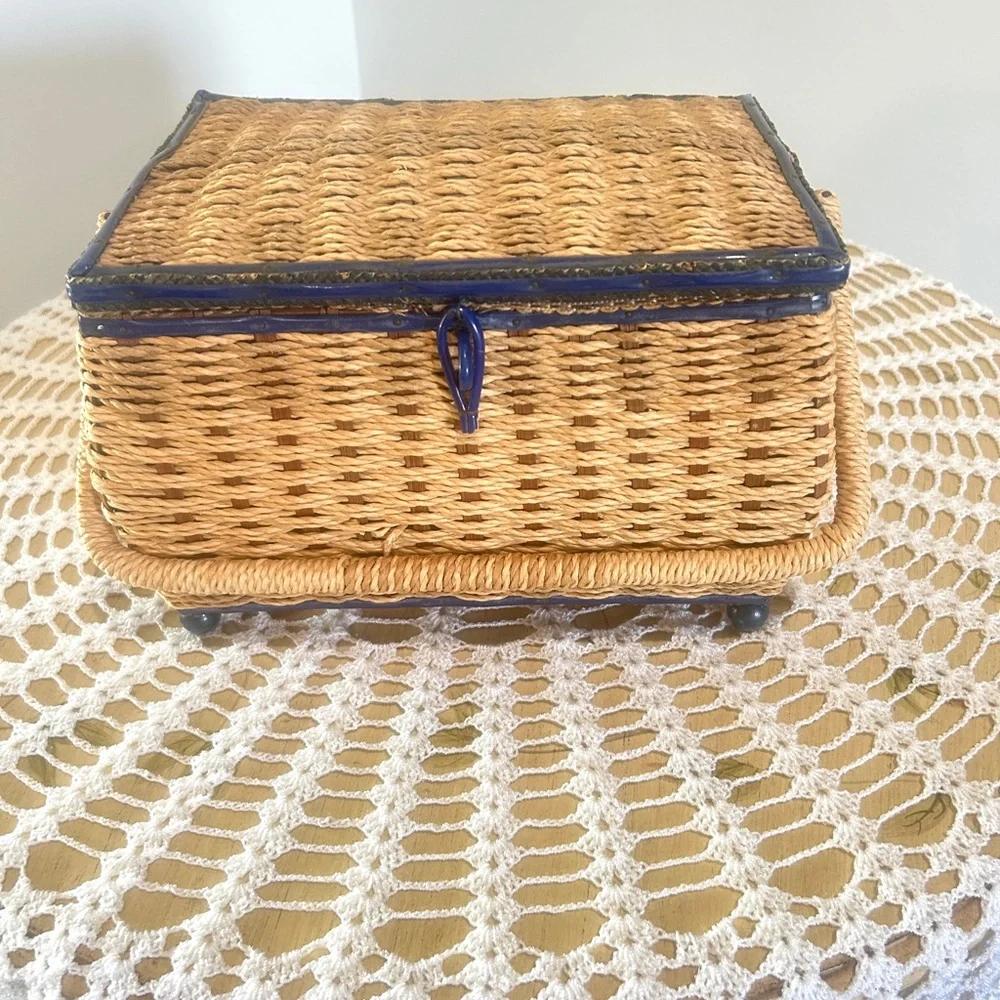 Vintage Wicker & Blue Sewing Basket with Light Blue Satin Lining Cottagecore